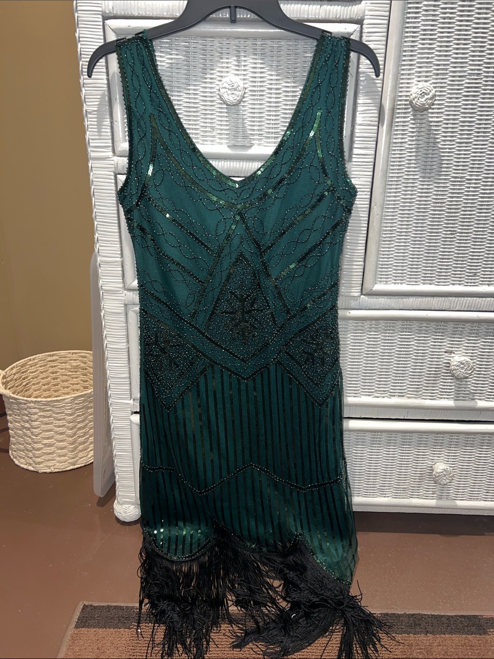 Elegant Emerald Beaded Fringe Dress